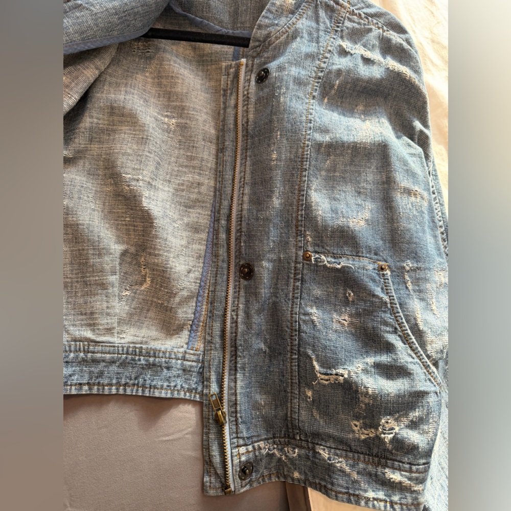 Free People Washed Blue Distressed Denim Jacket - Picture 4 of 5